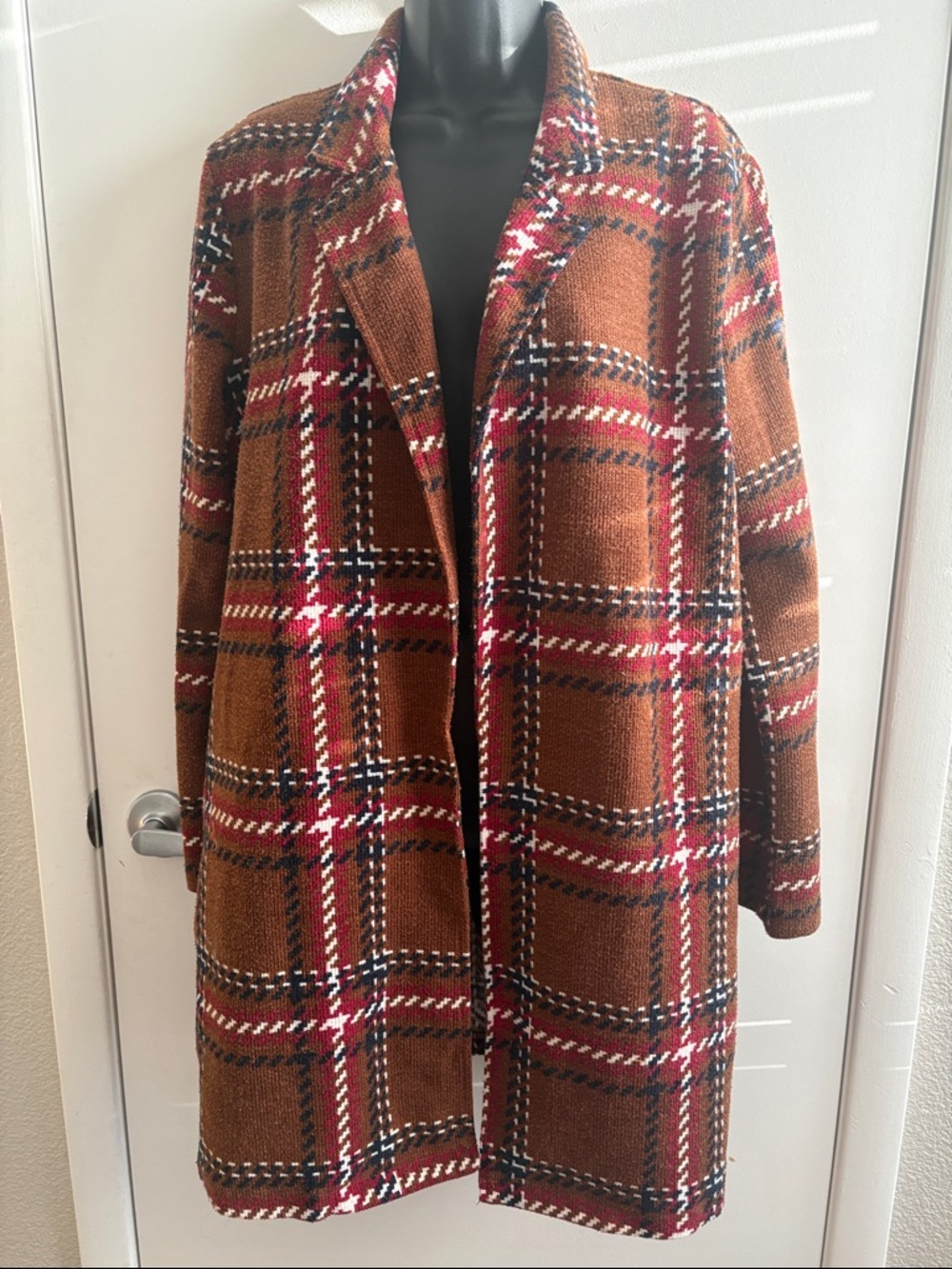 Potter's Pot Brown Plaid Pea Open Front Preppy Coat w/Red & Black Accents SZ L